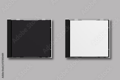 CD disc and carton packaging cover template mock up. Digipack case of cardboard CD drive. With white and black blank for branding design or text. Isolated on a grey background. 3d rendering. photo