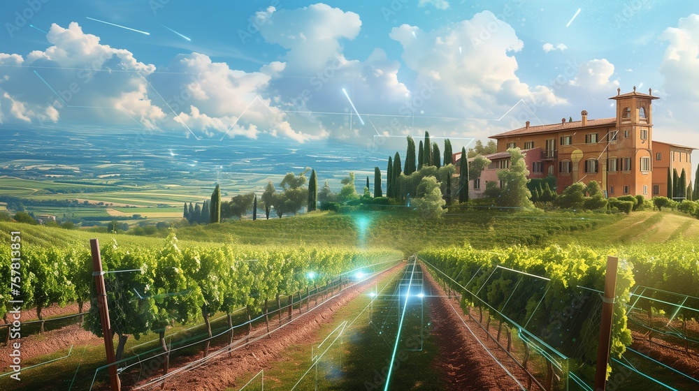 An Italian retro-futuristic vineyard villa, with AI-controlled grape harvests, holographic Tuscan landscapes, and smart wine-tasting events.