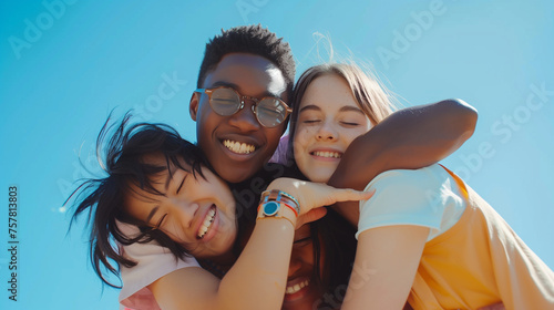 Three young friends of different races hugging and laughing together, with a blue sky background, in the style of happycore, with youthful energy, sunny, with vibrant colors, colorful animation stills photo