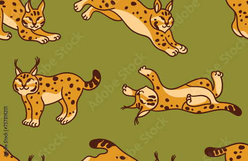 Seamless pattern with wildcat lynx in cartoon style. Vector illustration