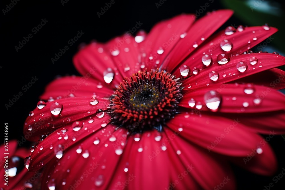 Macro close up of a vibrant blooming flower with a single raindrop, offering free copy space Macro close up of a vibrant blooming flower with a single raindrop, offering free copy space