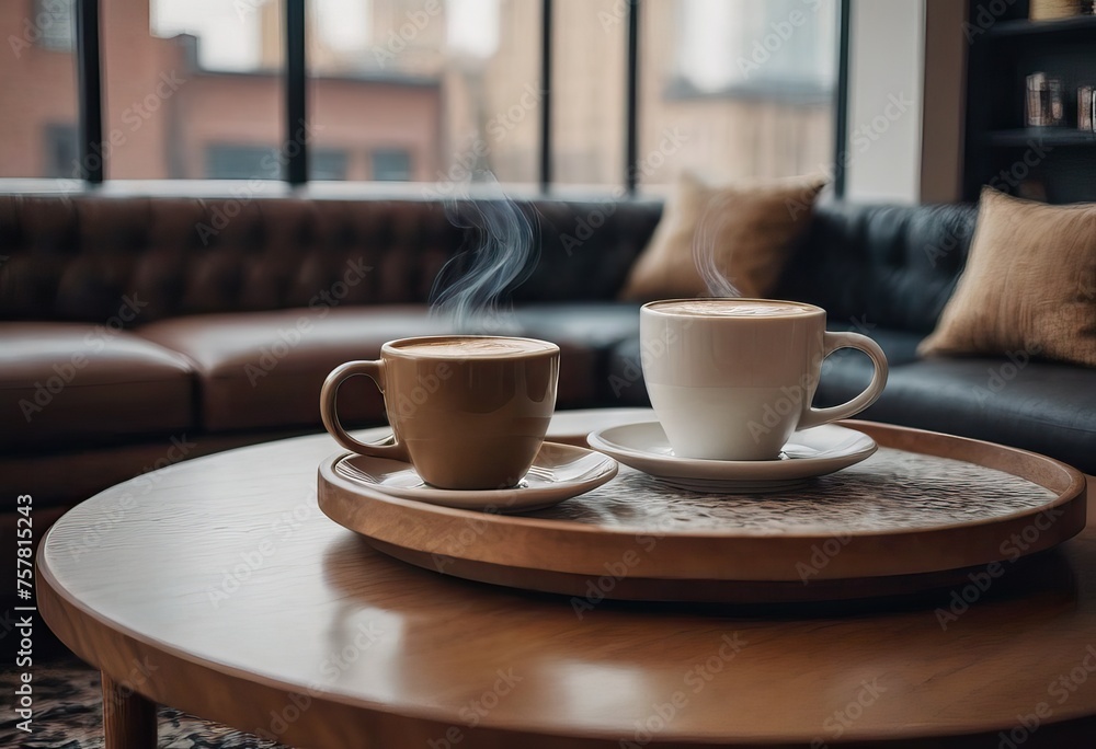 cup of hot coffee and tea on wood table besides window cup of hot coffee and tea on wood table besides window