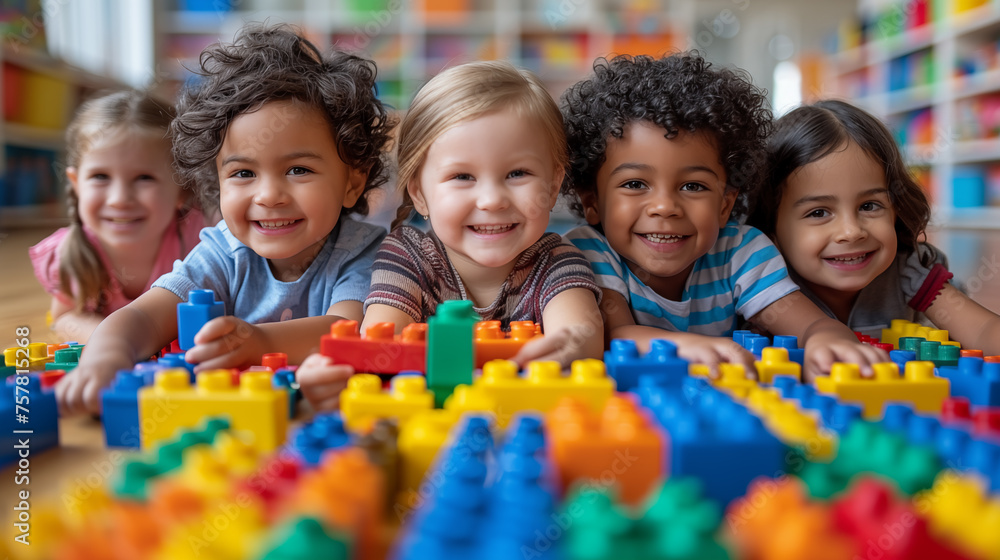 Portrait of smiling kids playing with building blocks in classroom at school Portrait of smiling kids playing with building blocks in classroom at school