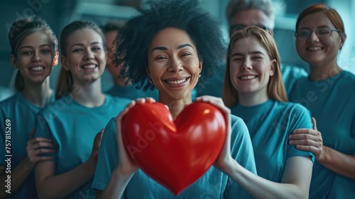 Diverse Team Sharing a Symbol of Love, diverse group of smiling volunteers clad in blue, sharing a large red heart, signifying unity and compassion in community service photo