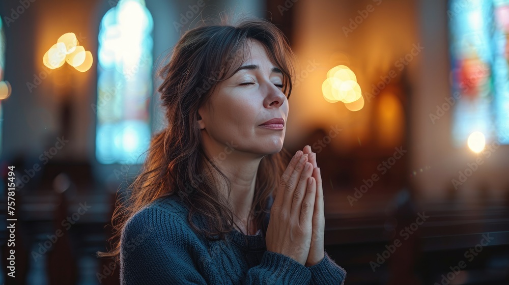 Serene Prayer in Stained Glass Glow, middle-aged woman peacefully prays inside a church, bathed in the soft glow of stained glass lights, evoking spirituality and reflection