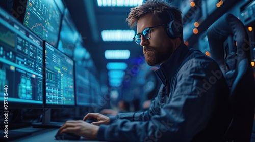 Cyber Security Specialist at Work, concentrated male cybersecurity specialist in glasses works on a computer in a futuristic control room, surrounded by digital screens photo