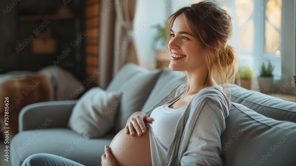 Smiling Pregnant Woman Enjoying a Quiet Moment, radiant pregnant woman with a joyful smile rests comfortably on a sofa, reflecting the beauty and serenity of expectant motherhood - obrazy, fototapety, plakaty 