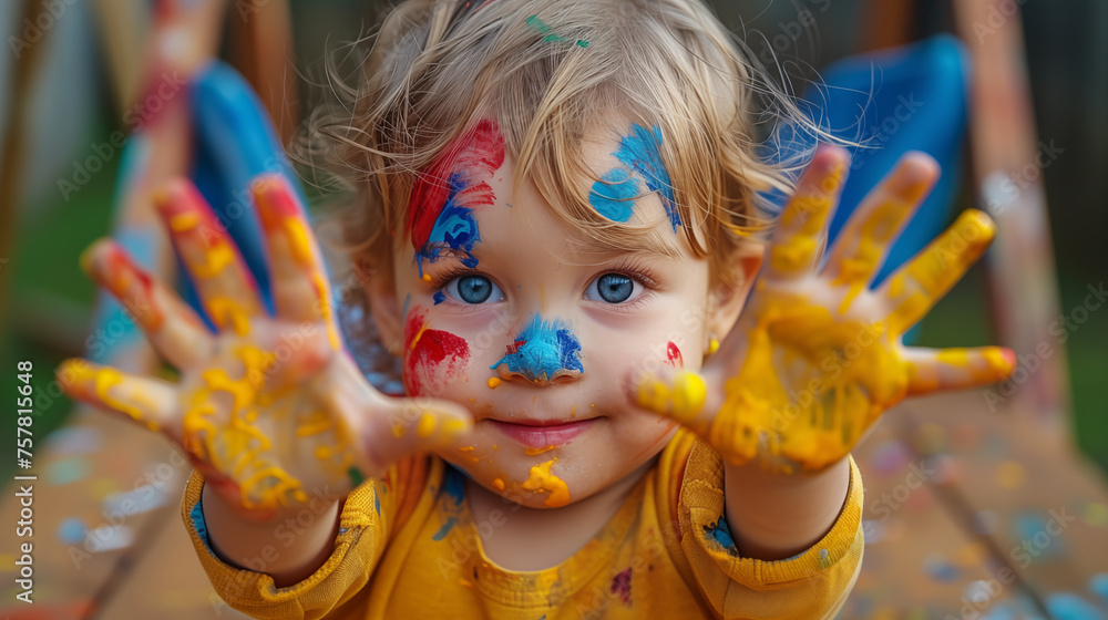 Cute little girl with hands and face painted in bright colors on a sunny day
