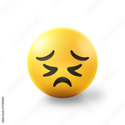 Defeated and persevering Emoji stress ball on shiny floor. 3D emoticon isolated.