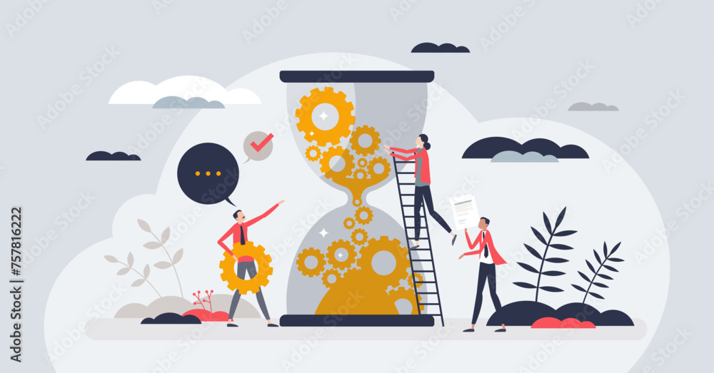 Change management and business transformation process tiny person concept. Effective company evolution with complex transition and teamwork vector illustration. Process automation for productivity. - obrazy, fototapety, plakaty 