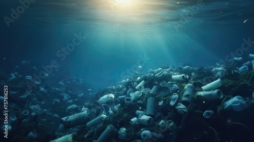 Plastic and other debris floats underwater in blue water. Plastic garbage polluting seas and ocean