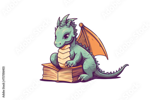 Cartoon dragon with a book, cute children's illustration for books and covers, baby card