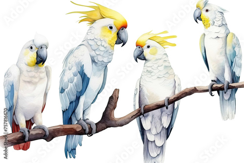 clipart parrots cockatoo white background tropical set birds white drawing watercolor isolated photo
