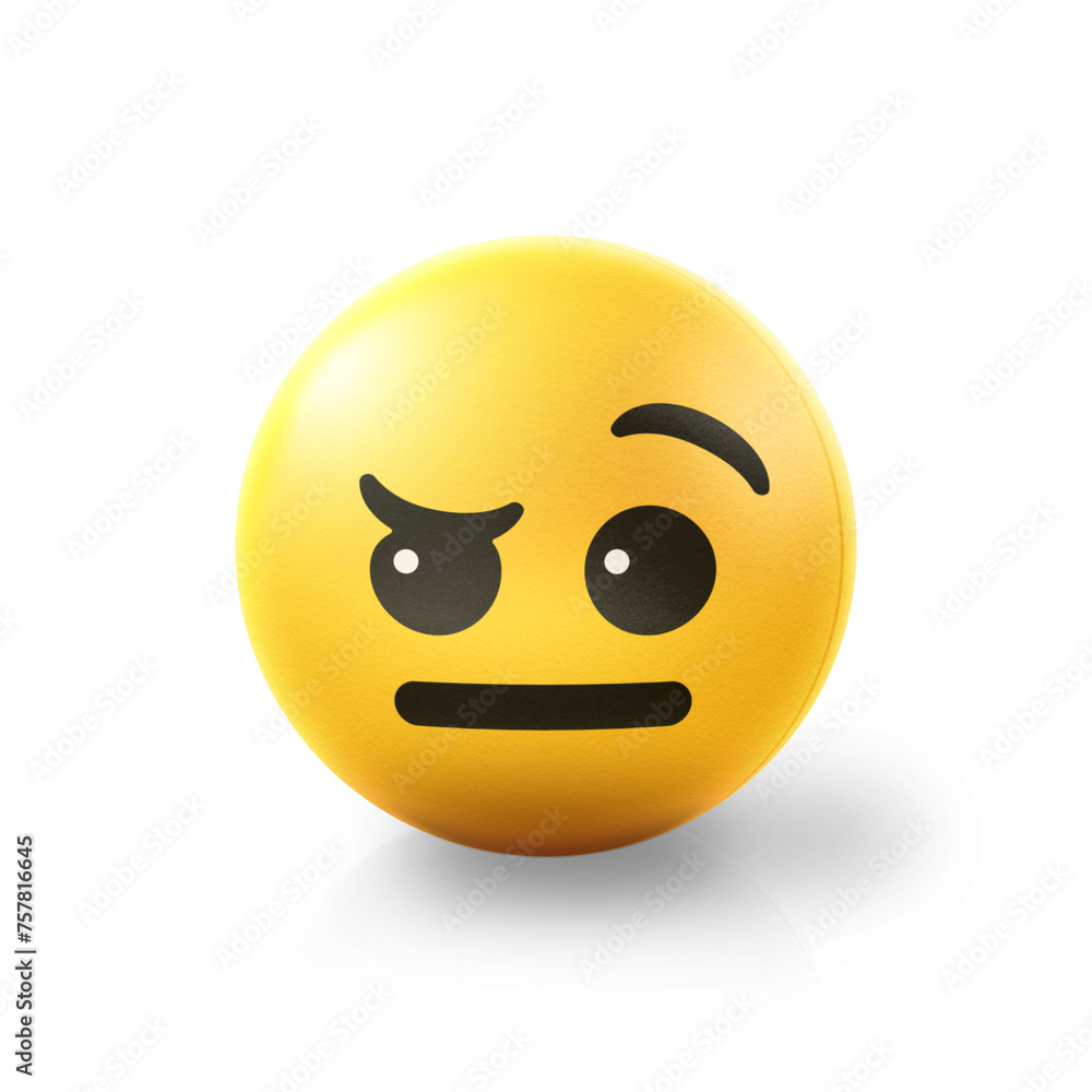 Fototapeta premium Raised eyebrow Emoji stress ball on shiny floor. 3D emoticon isolated.