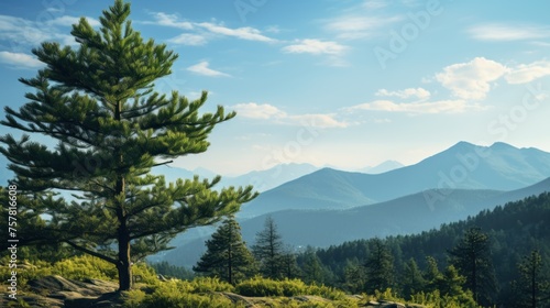 A mountain range with a forest of pine trees