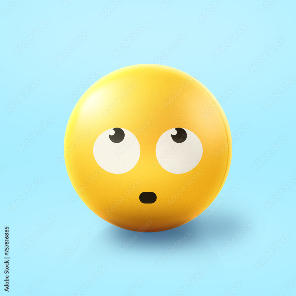 Rolling eyes Emoji stress ball on shiny floor. 3D emoticon isolated.