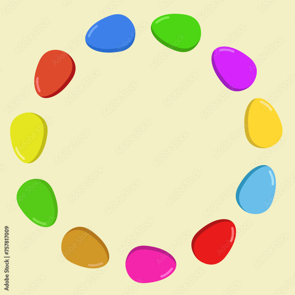 Round frame made of colored eggs. In .eps file each egg got it's own group and named shadow, glare and body. Easter. Vector illustration. 