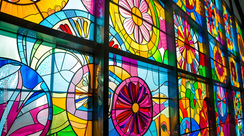 A detailed view of a bright and vibrant glass window, displaying intricate patterns and a variety of colors