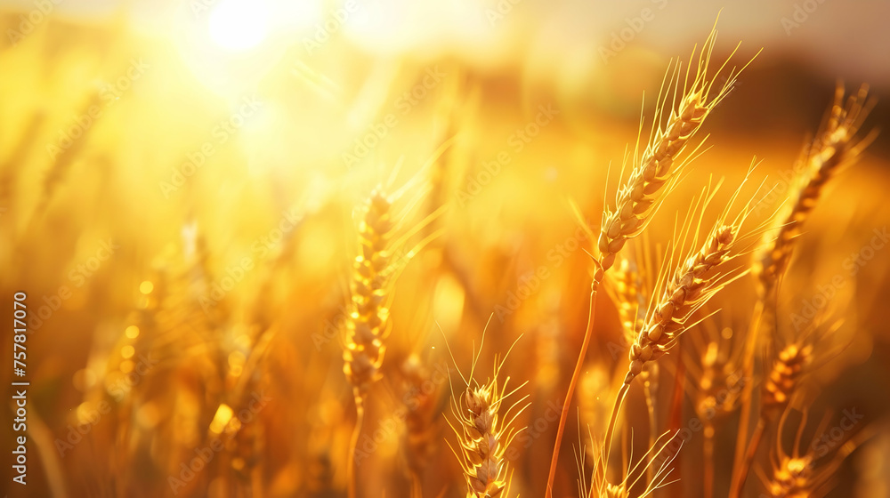 A field of wheat under a bright sun, with the sunlight casting a warm glow over the golden crops