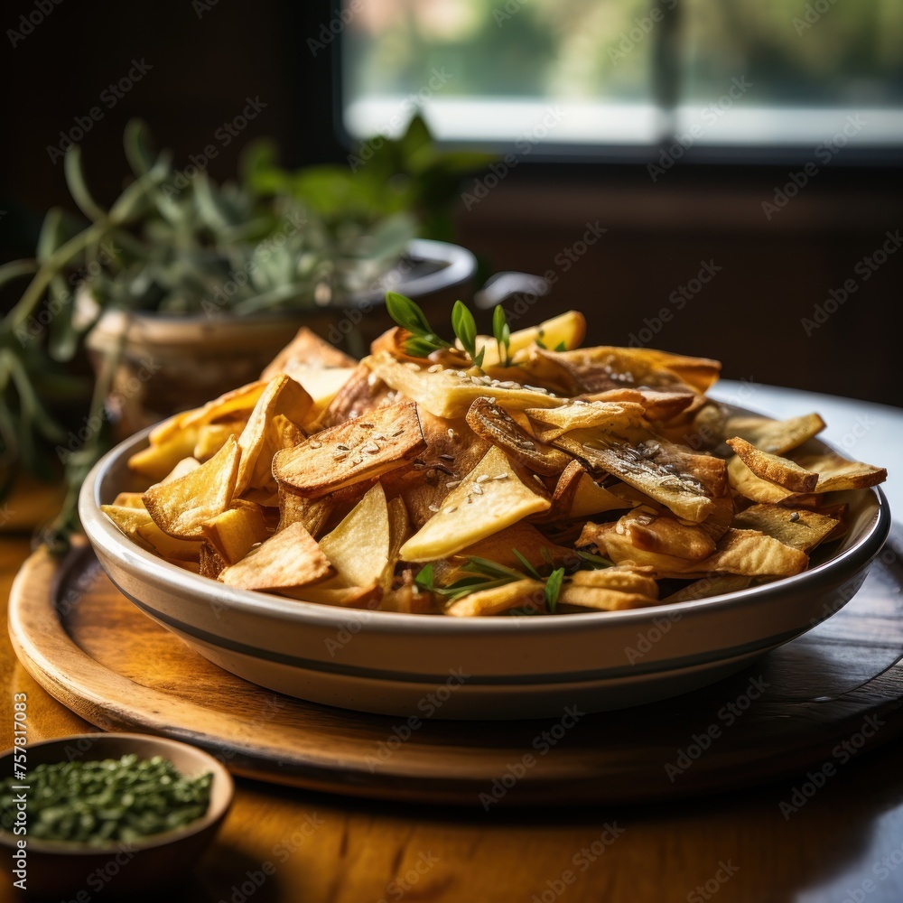 A bowl of chips with parsley on top A bowl of chips with parsley on top