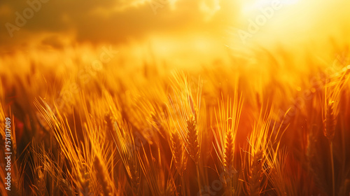 A field of wheat under a bright sun  with the sunlight casting a warm glow over the golden crops