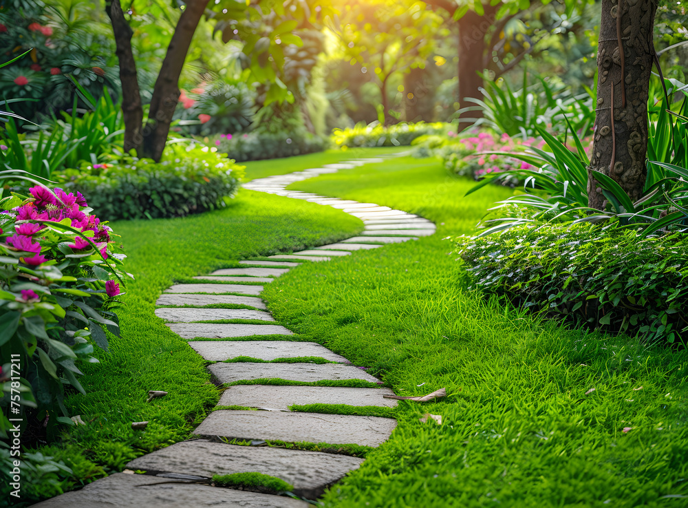 Fototapeta premium A peaceful garden path walkway on green grass turf, perfect for outdoor leisure and relaxation.