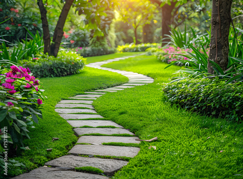 A peaceful garden path walkway on green grass turf, perfect for outdoor leisure and relaxation.