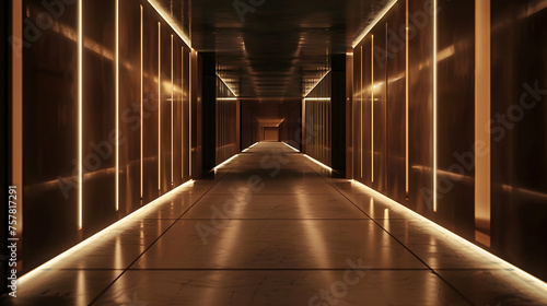 A very long hallway with lights casting a glow along its length