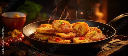 A pan of food is cooking on a stove  with a variety of vegetables and peppers