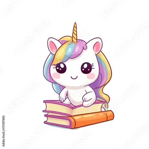 Cartoon unicorn with a book, cute children's illustration for books and covers, baby card