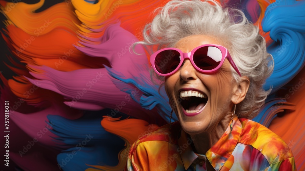 Joyful senior woman with vibrant makeup and oversized sunglasses. - obrazy, fototapety, plakaty 