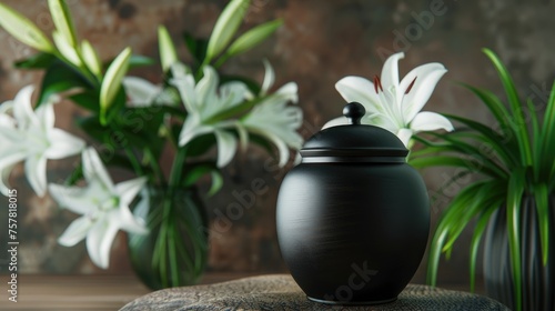 A black urn with ashes among beautiful white lilies. Farewell ceremony.