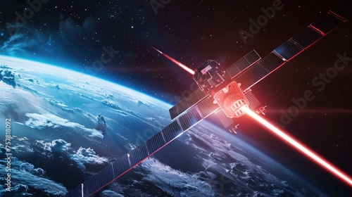 Satellite shooting laser over Earth from space. Digital art with space technology theme