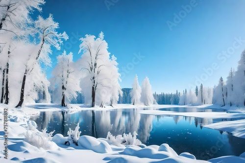A winter scene with frozen lakes and snow-covered trees © MB Khan