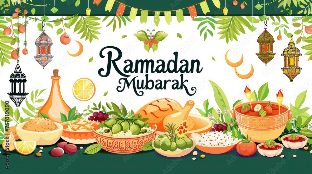 Ramadan Mubarak. Poster featuring Traditional Islamic Cuisine 