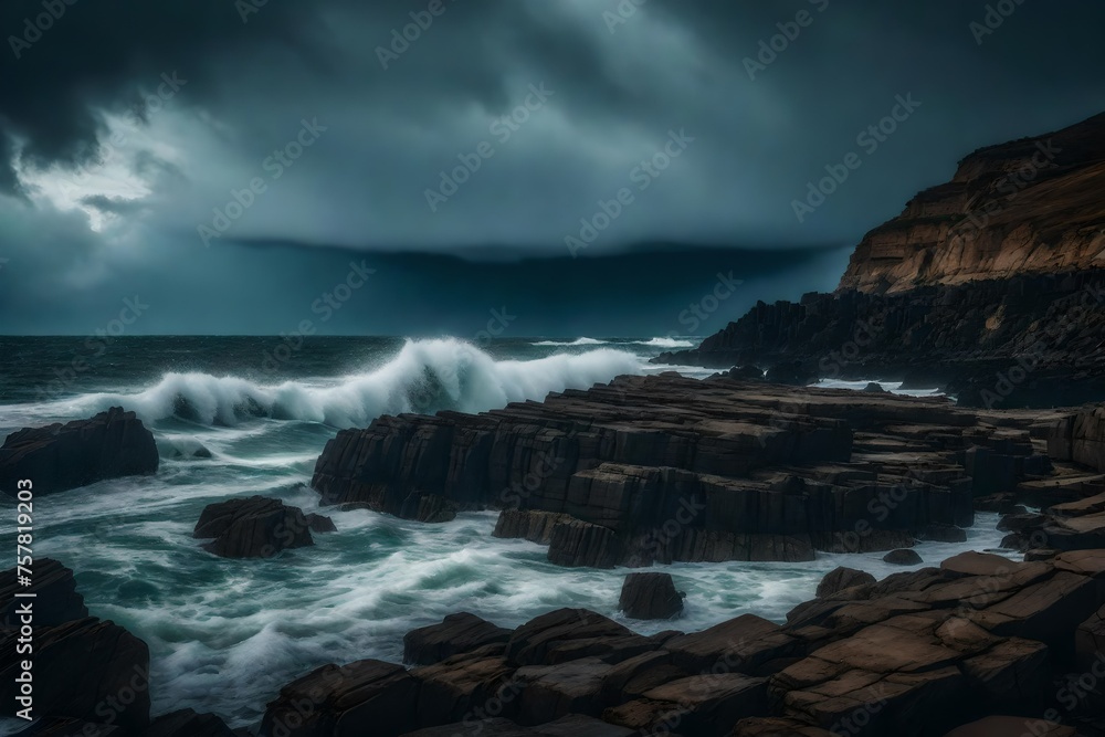 A rocky coastline with waves breaking against the cliffs under a stormy sky. 