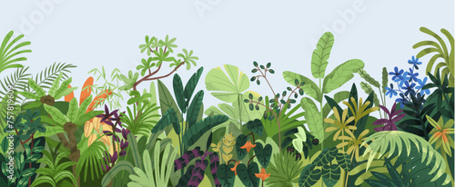 Nature background. Tropical green leaves, exotic plants, flowers, botanical border, floral banner, card design. Leaf greenery, lush garden, wild thickets, botany pattern. Flat vector illustration