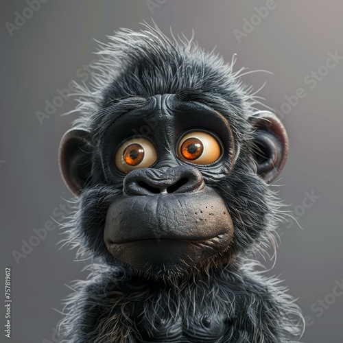 3D Cartoon Gorilla with Big Eyes on Gray Background
