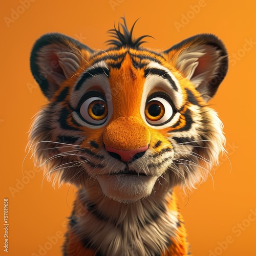 Cartoon Tiger with Big Eyes in Orange Background