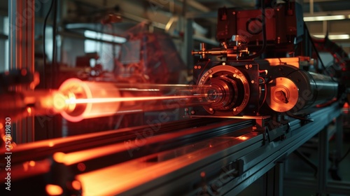 Laser cutting machine in operation with bright red light in industrial setting.