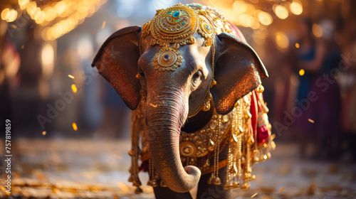 Picture a chic elephant in a flowing silk sarong, adorned with intricate patterns and golden bangles. Against a backdrop of Indian palaces, it exudes regal elegance and cultural richness. Mood: majest © Дмитрий Симаков