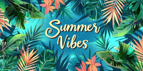 Summer Vibes. Web Banner Featuring Tropical Palm Trees and Leaves, Evoking the Essence of Summer.