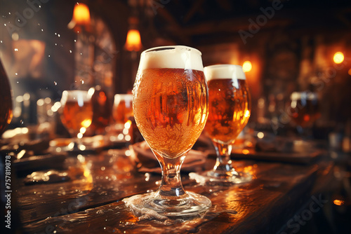 Closeup of foggy glasses with frothy beer standing on the table of traditional pub.