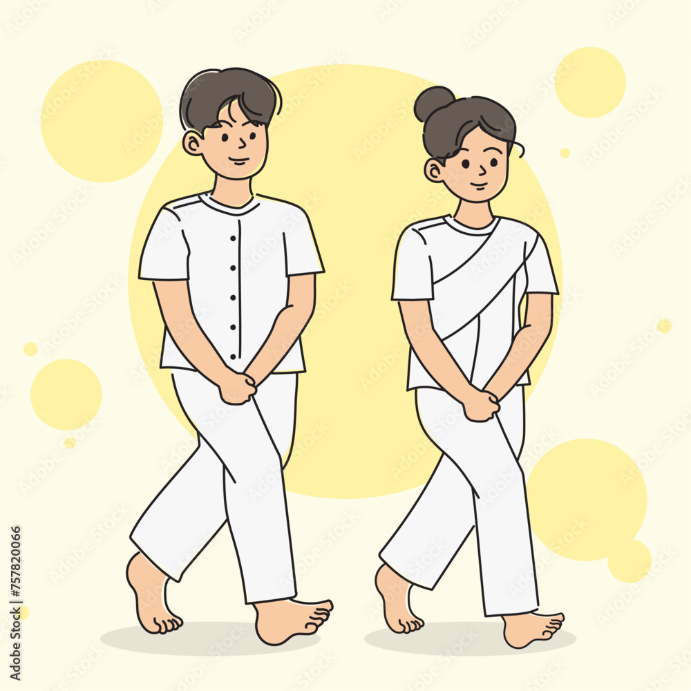 Obraz premium Man and women meditating in white clothes cartoon character hand draw art illustration