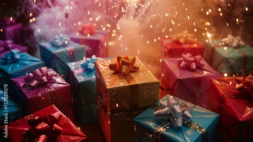 Colorful Present Boxes and Fireworks