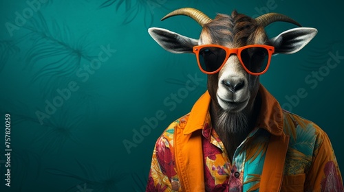 Goat in Hawaiian Outfit Against Monochrome Wall © Muhammad