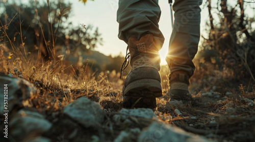 Hiker’s Boots on Mountain Trail at Sunset. a close-up shot of their left foot from the ground. a cinematic photo of a scene of a hiker hiking