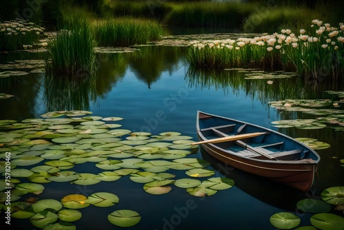 A serene riverbank with a rowboat anchored among the water lilies