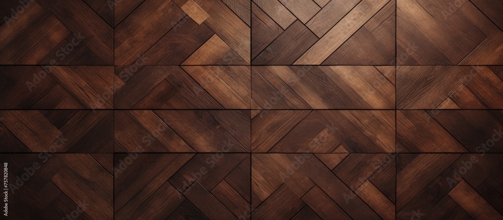 A closeup shot of a brown hardwood wall with a geometric pattern of rectangles and triangles. The tints and shades create a symmetrical flooring design - obrazy, fototapety, plakaty 
