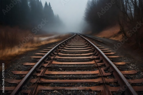 A rusted old train track disappears into the fog.